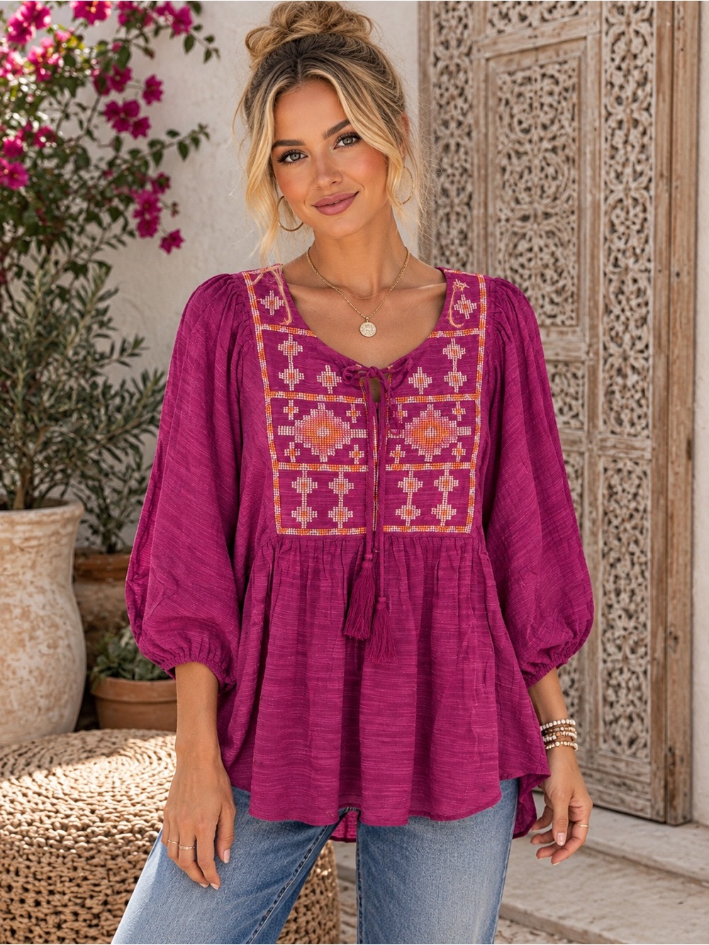 330 NWT easel Magenta Embroidered Peasant Tunic with Tassels Size Small